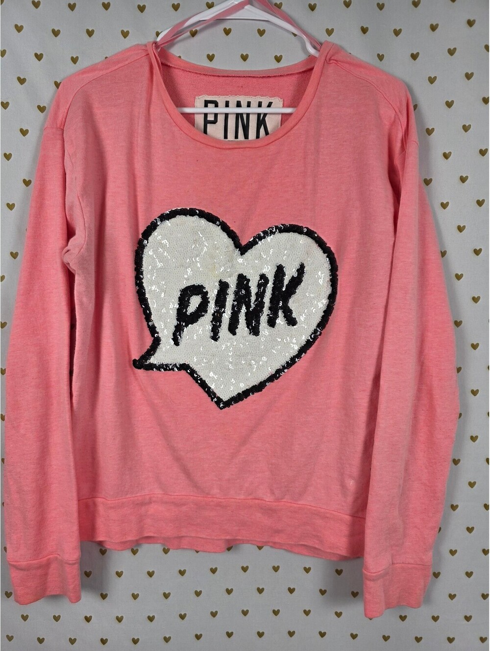 Victoria's Secret PINK Sequin Heart Sweatshirt Coral Pink Pullover Size S